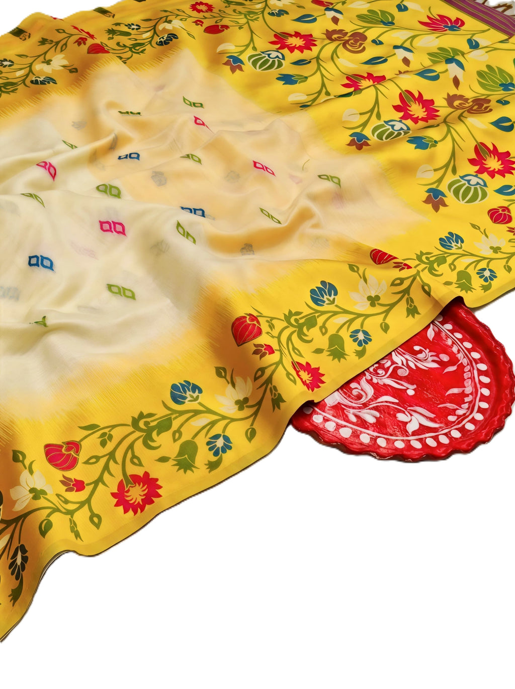 Sunshine Yellow Tussar Silk Saree with Ikkat Handcrafted Floral Border | Elegant Ethnic Saree with Blouse Piece