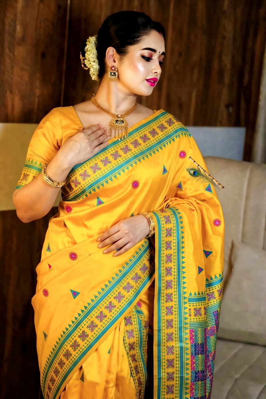 Premium Assam Gachi Tussar Silk Saree in Mustard Yellow & Teal Green | Traditional Handcrafted Motifs & Designer Border with Blouse Piece