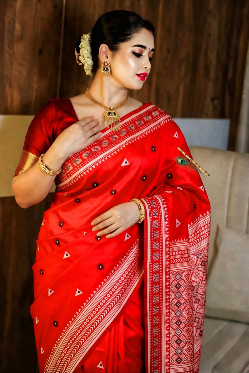 Premium Assam Gachi Tussar Silk Saree in Vibrant Red with Traditional Geometric Handcrafted Motifs & Blouse Piece