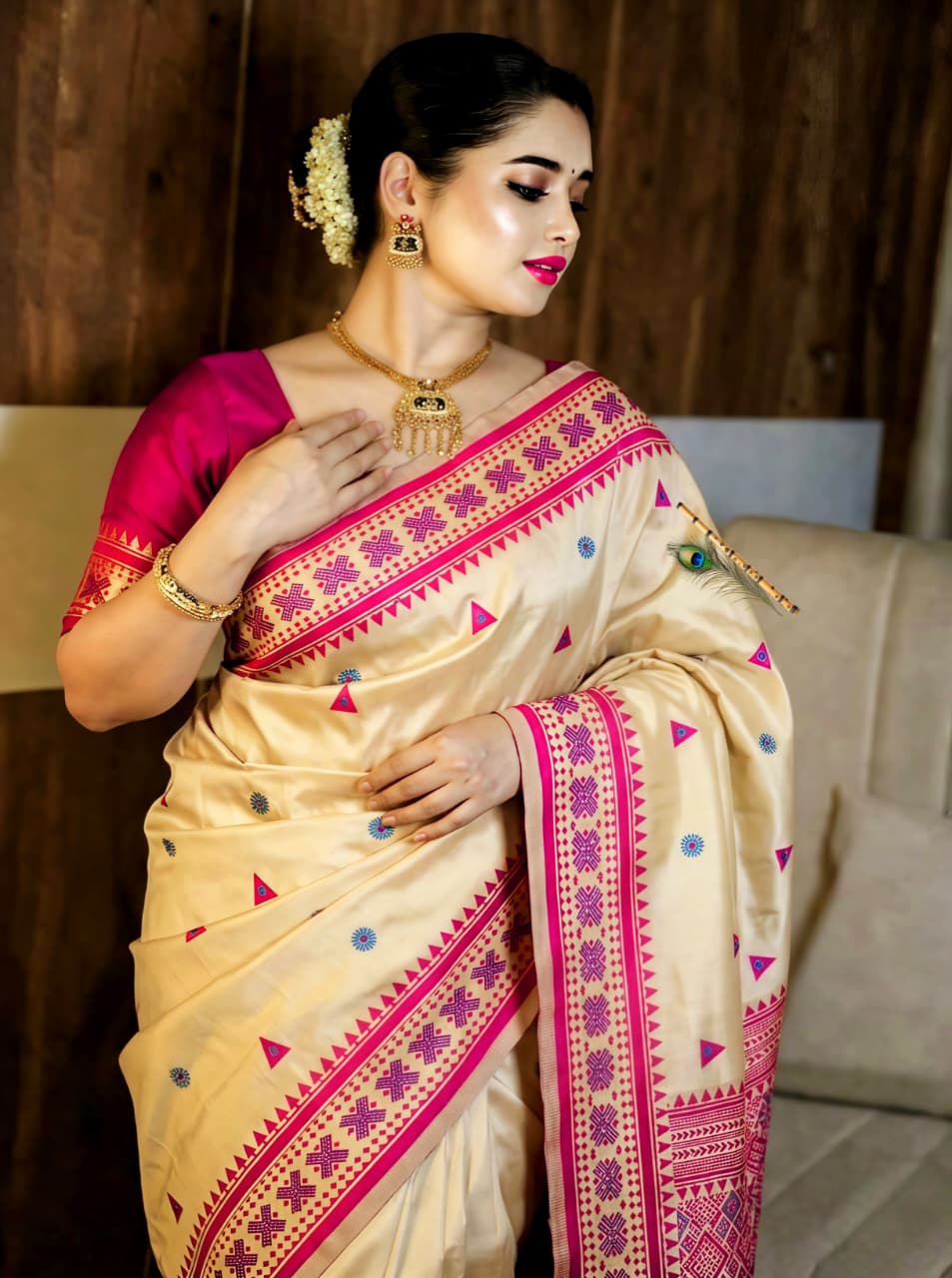 Premium Assam Gachi Tussar Silk Saree in Elegant Cream & Pink with Traditional Handcrafted Motifs, Designer Border & Blouse Piece