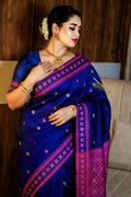 Premium Assam Gachi Tussar Silk Saree in Royal Blue & Magenta Pink with Traditional Handcrafted Motifs