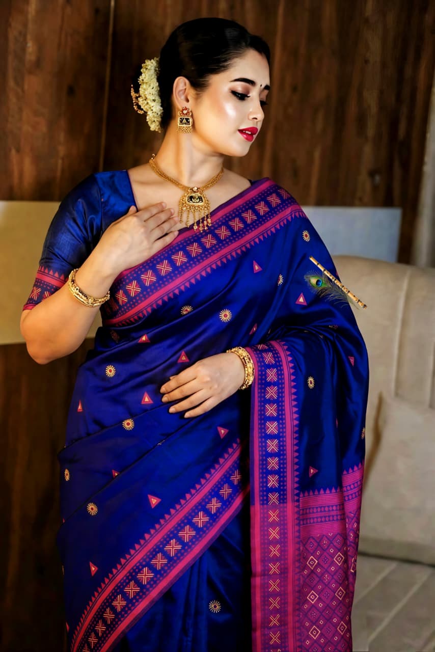 Premium Assam Gachi Tussar Silk Saree in Royal Blue & Magenta Pink with Traditional Handcrafted Motifs