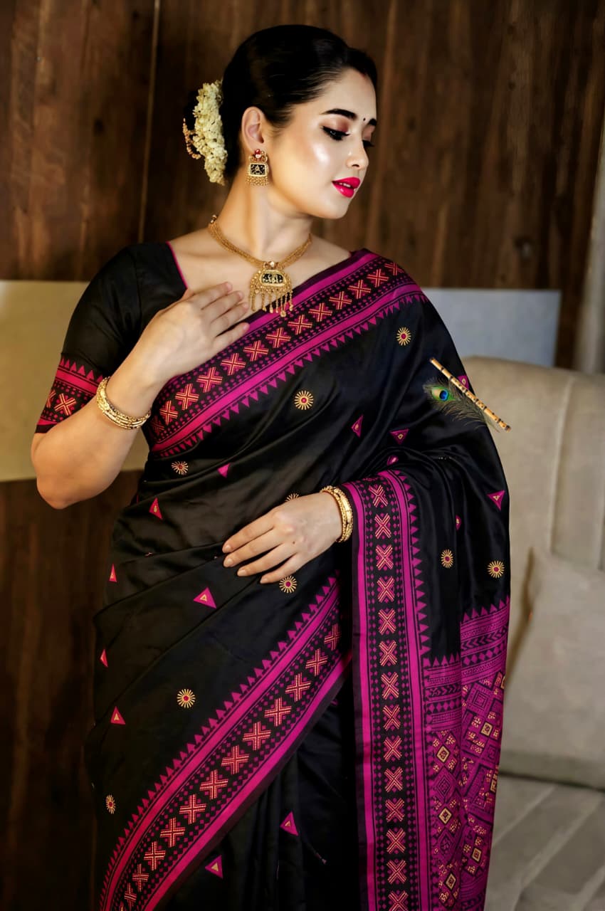 Premium Assam Gachi Tussar Saree in Black & Magenta Pink | Handcrafted Geometric Motifs, Traditional Designer Border & Blouse Piece