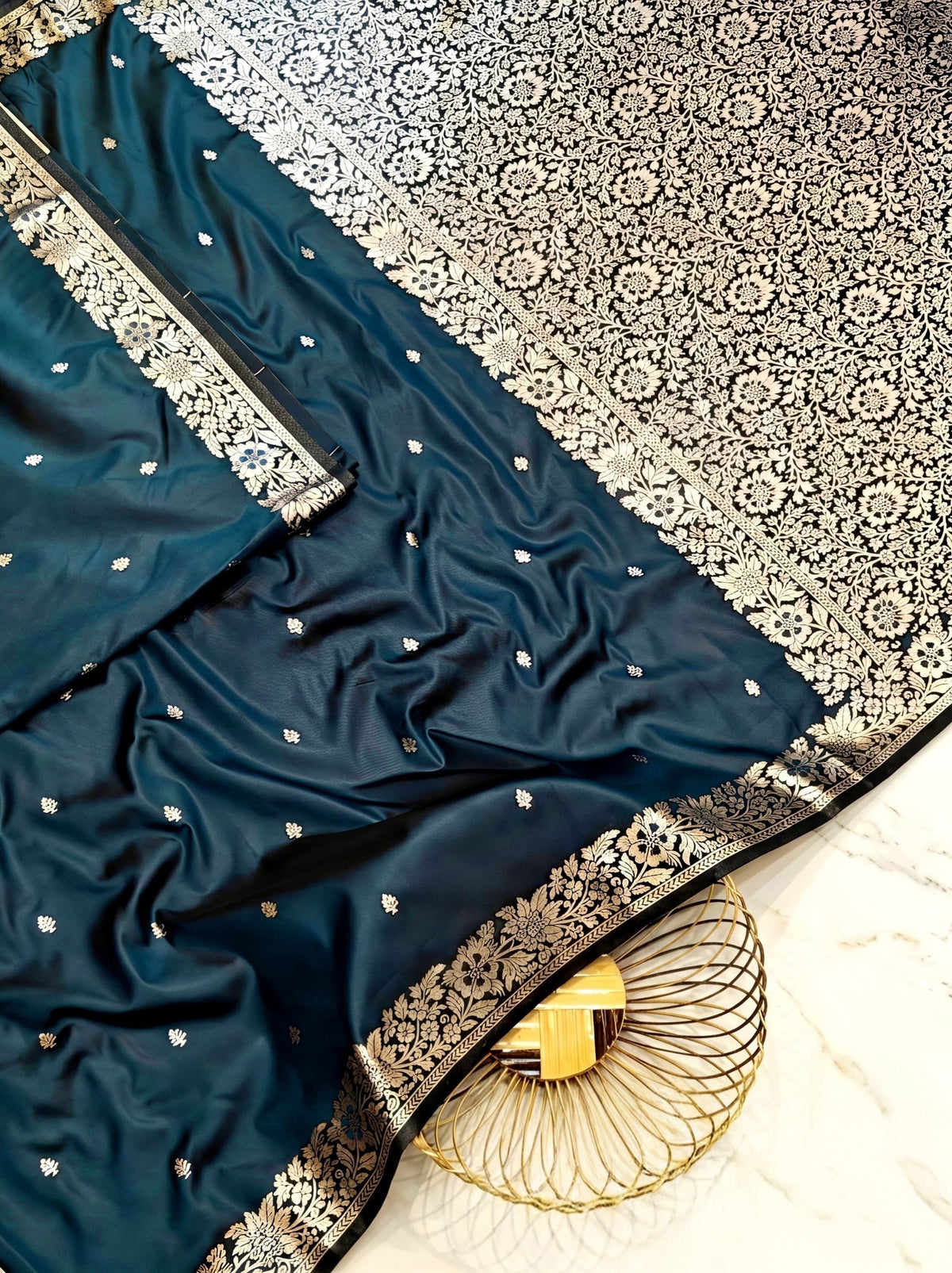 Premium Midnight Blue Muga Banarasi Saree with All-Over Floral Handwork & Intricate Weaving
