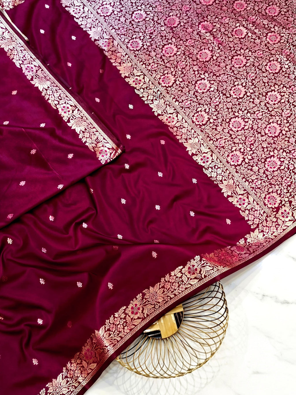 Premium Magenta Muga Banarasi Saree with All-Over Floral Handwork & Elaborate Woven Pallu