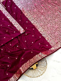 Premium Magenta Muga Banarasi Saree with All-Over Floral Handwork & Elaborate Woven Pallu
