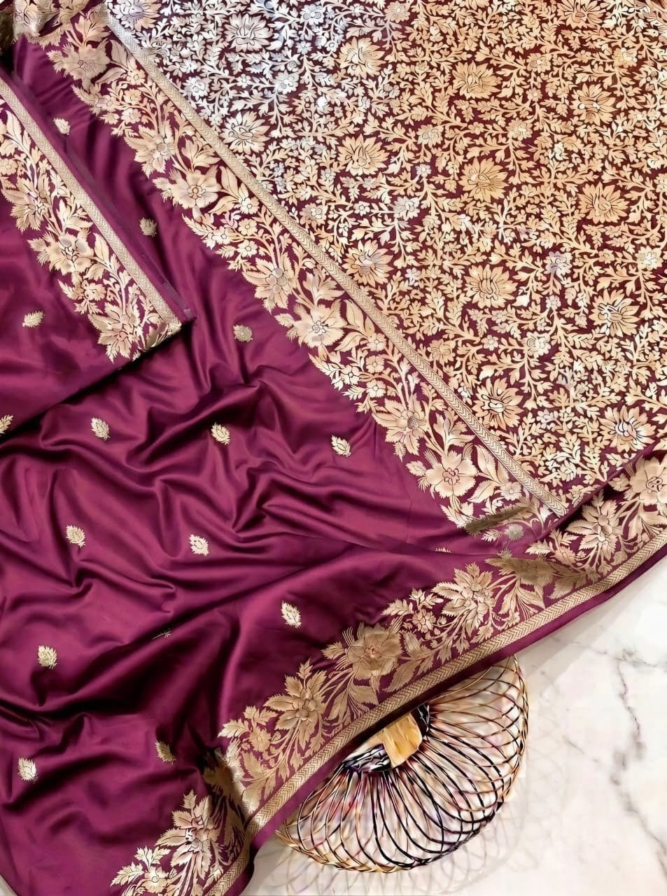 Premium Wine Muga Banarasi Saree with All-Over Floral Handwork & Rich Zari Weaving
