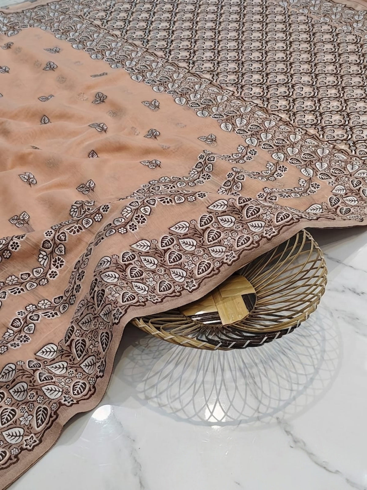 Premium Peach Tussar Silk Saree with Hand-Embroidered Floral & Leaf Weaving | Elegant Traditional Saree