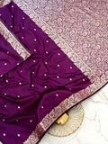 Premium Deep Plum Muga Banarasi Saree with Intricate Floral Handwork & All-Over Weaving