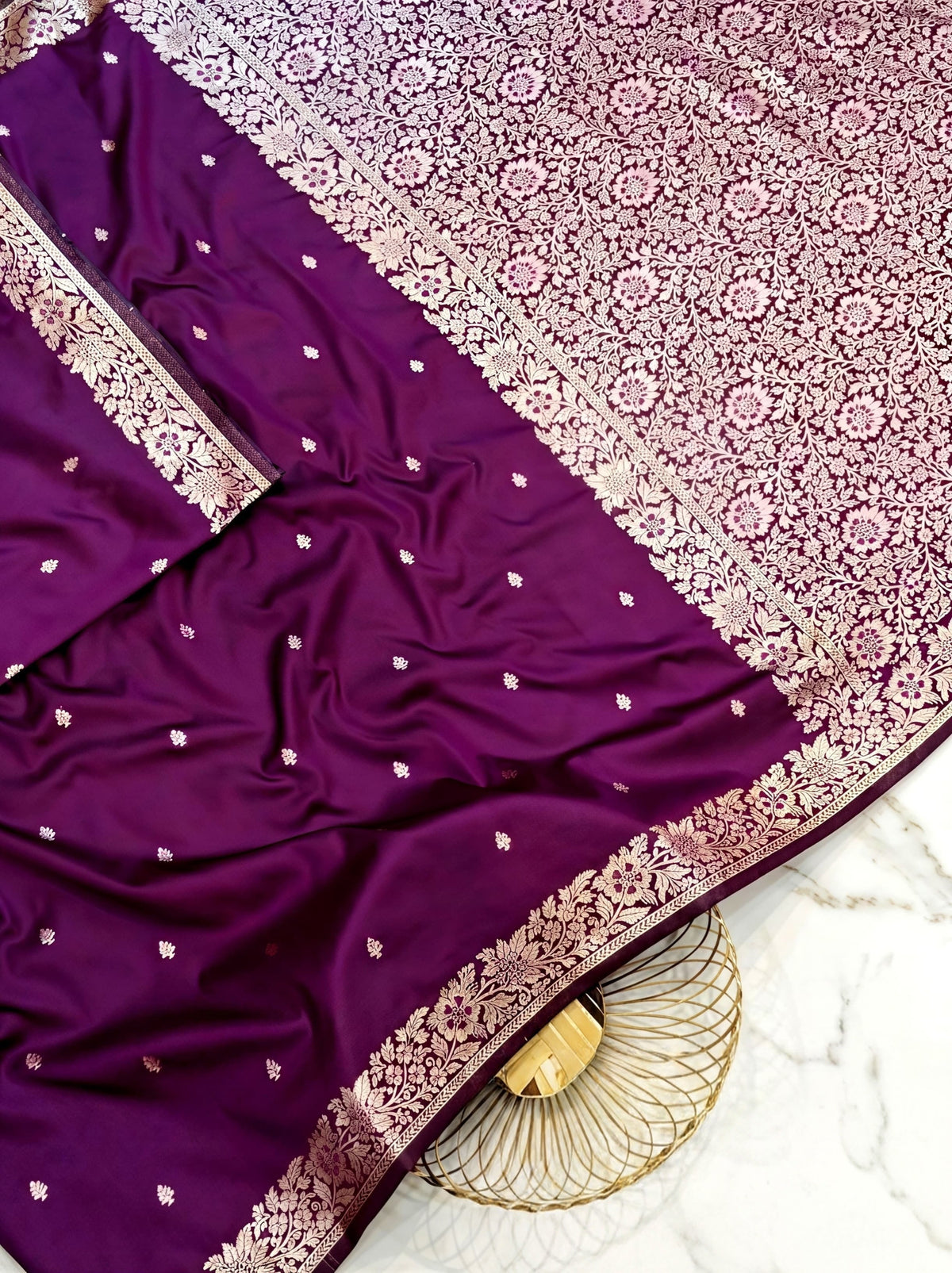 Premium Deep Plum Muga Banarasi Saree with Intricate Floral Handwork & All-Over Weaving
