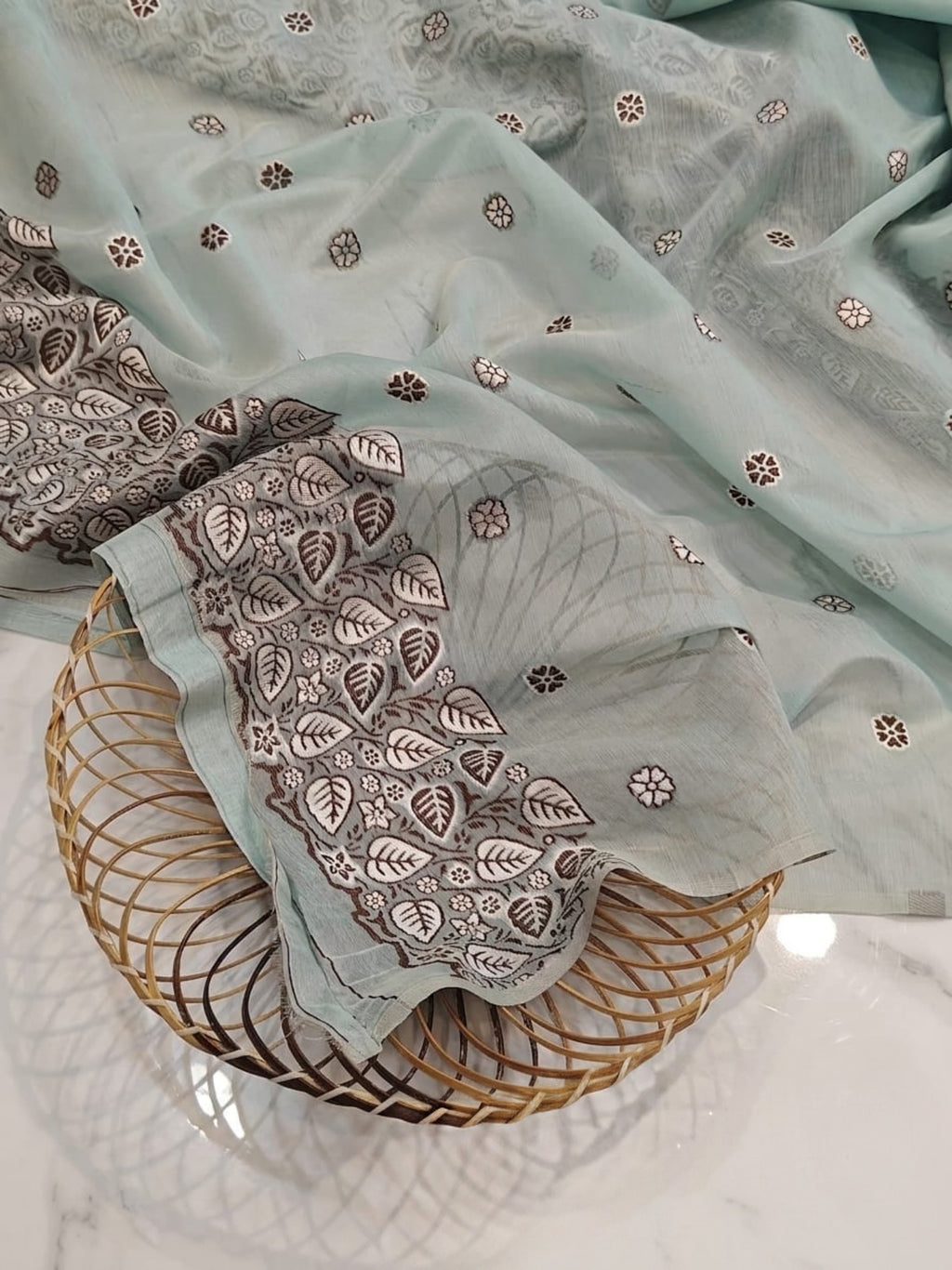 Premium Mint Green Tussar Silk Saree with Hand-Embroidered Floral & Leaf Weaving | Elegant Handcrafted Saree