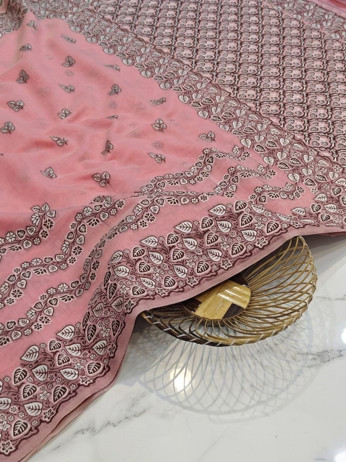 Premium Rose Pink Tussar Silk Saree with Hand-Embroidered Floral & Leaf Weaving | Elegant Traditional Saree