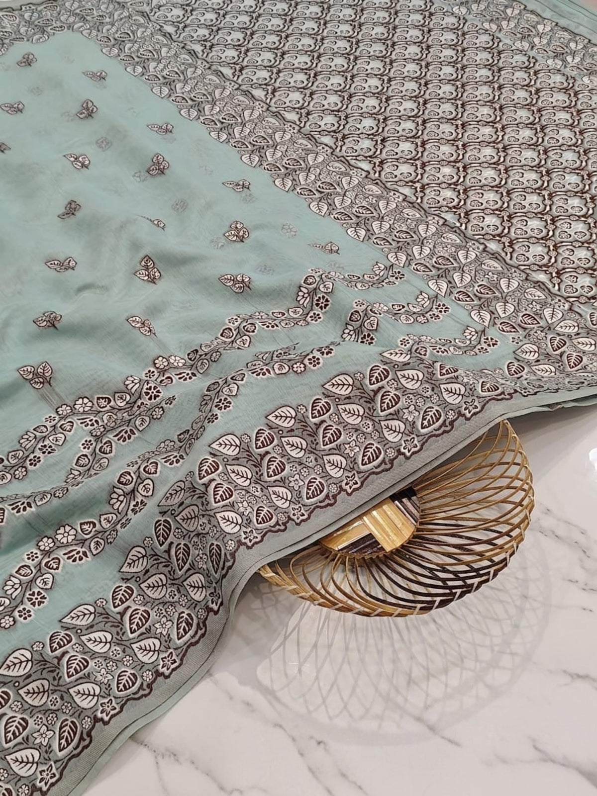 Premium Mint Green Tussar Silk Saree with Hand-Embroidered Floral & Leaf Weaving | Elegant Handcrafted Saree