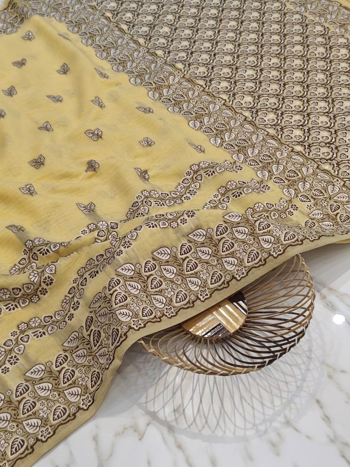 Premium Mustard Yellow Tussar Silk Saree with Hand-Embroidered Floral & Leaf Weaving | Elegant Handcrafted Saree