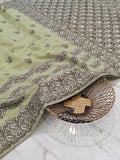 Premium Sage Green Tussar Silk Saree with Hand-Embroidered Floral & Leaf Weaving | Traditional Handcrafted Saree