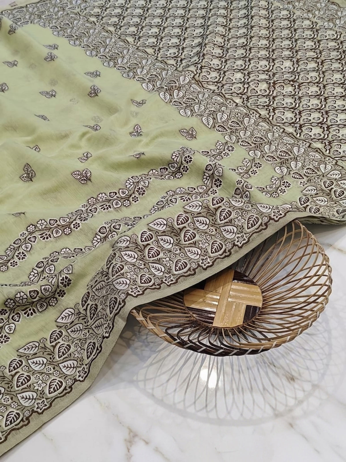 Premium Sage Green Tussar Silk Saree with Hand-Embroidered Floral & Leaf Weaving | Traditional Handcrafted Saree