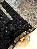 Premium Black Muga Banarasi Saree with All-Over Floral Handwork & Rich Woven Pallu