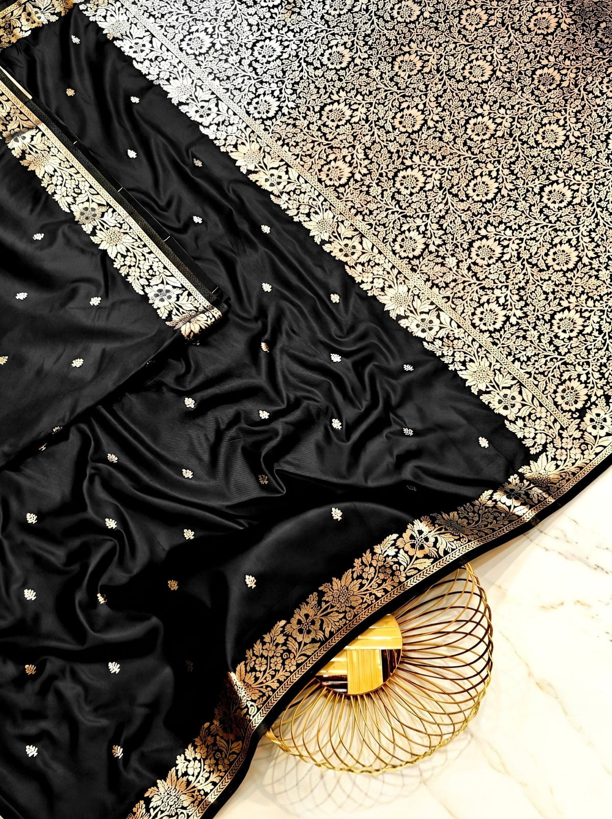 Premium Black Muga Banarasi Saree with All-Over Floral Handwork & Rich Woven Pallu