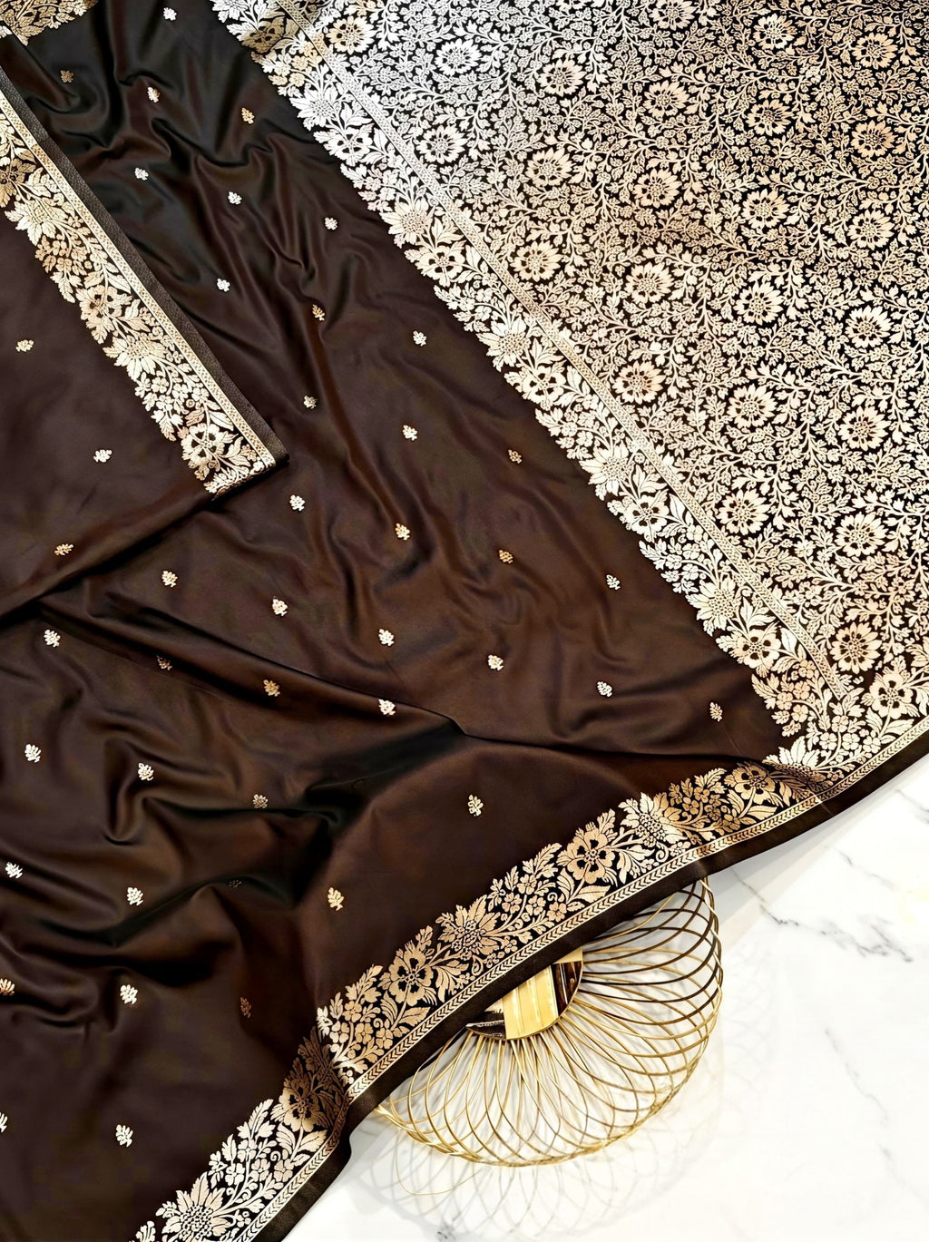 Premium Espresso Brown Muga Banarasi Saree with All-Over Floral Handwork & Intricate Woven Pallu