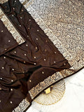 Premium Espresso Brown Muga Banarasi Saree with All-Over Floral Handwork & Intricate Woven Pallu