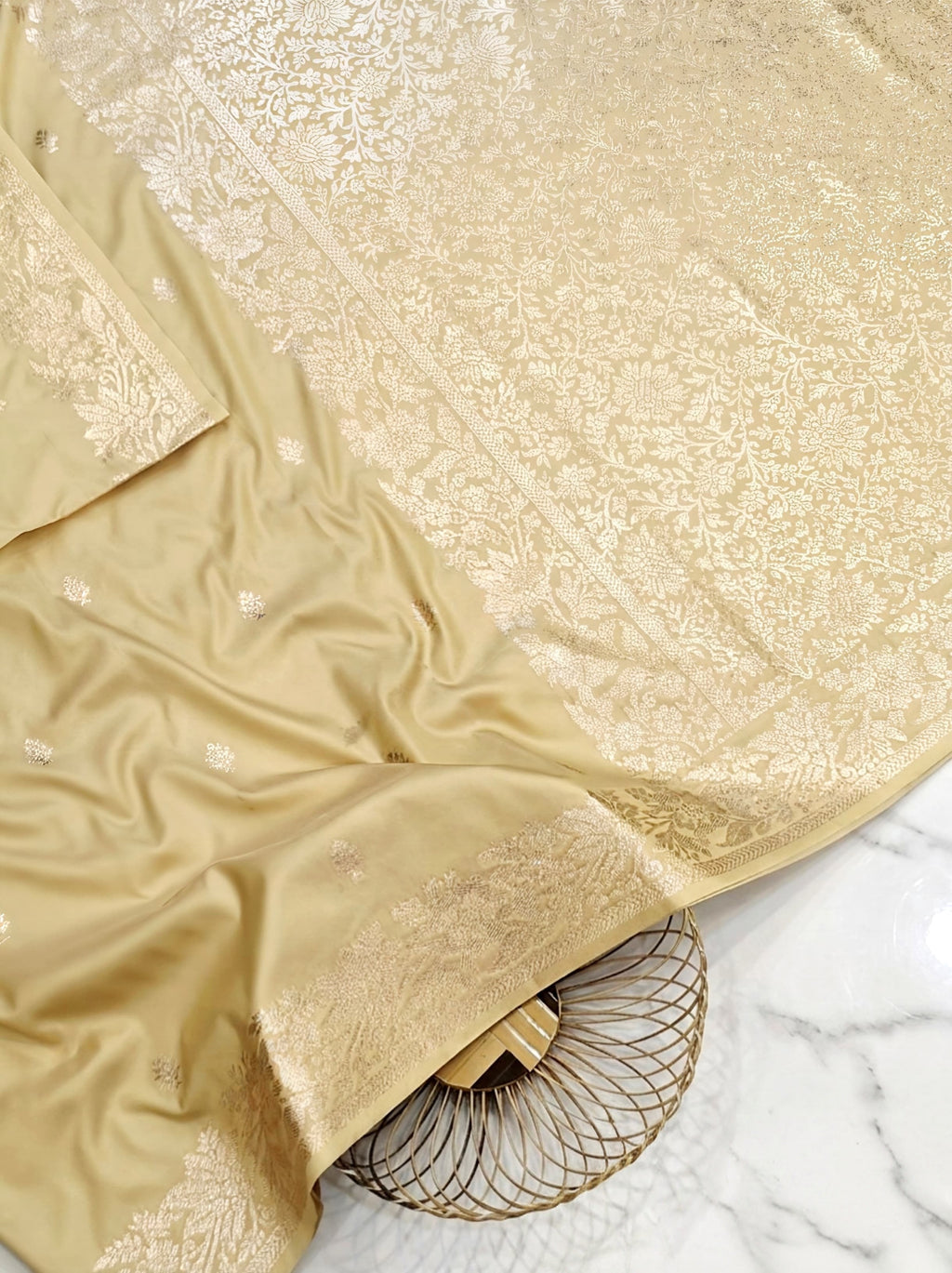 Premium Champagne Gold Muga Banarasi Saree with All-Over Floral Handwork & Intricate Weaving