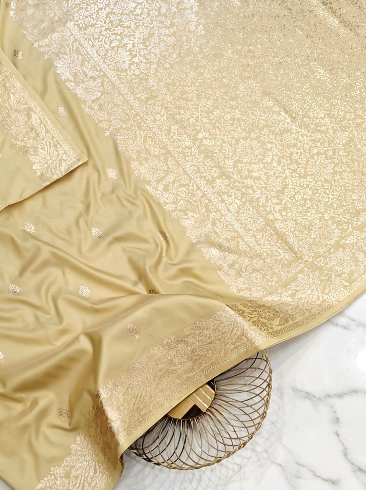 Premium Champagne Gold Muga Banarasi Saree with All-Over Floral Handwork & Intricate Weaving