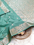 Premium Sea Green Muga Banarasi Saree with All-Over Floral Handwork & Woven Zari