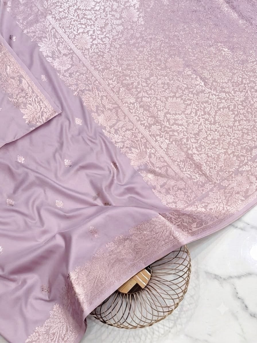 Premium Lavender Muga Banarasi Saree with All-Over Floral Handwork & Intricate Woven Pallu
