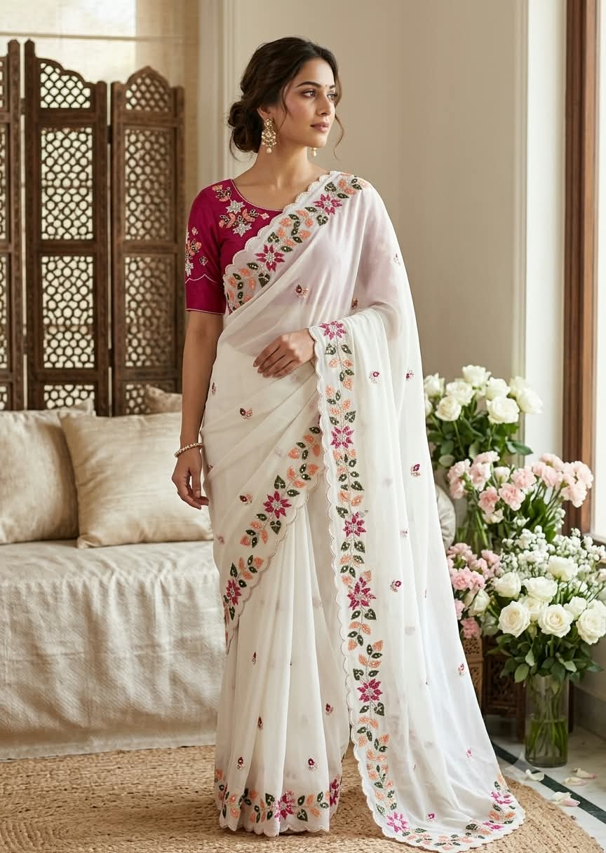 Lightweight Pure Chinon Silk Hand-Embroidered Kardana Bridal Party Wear Saree with Matching Blouse