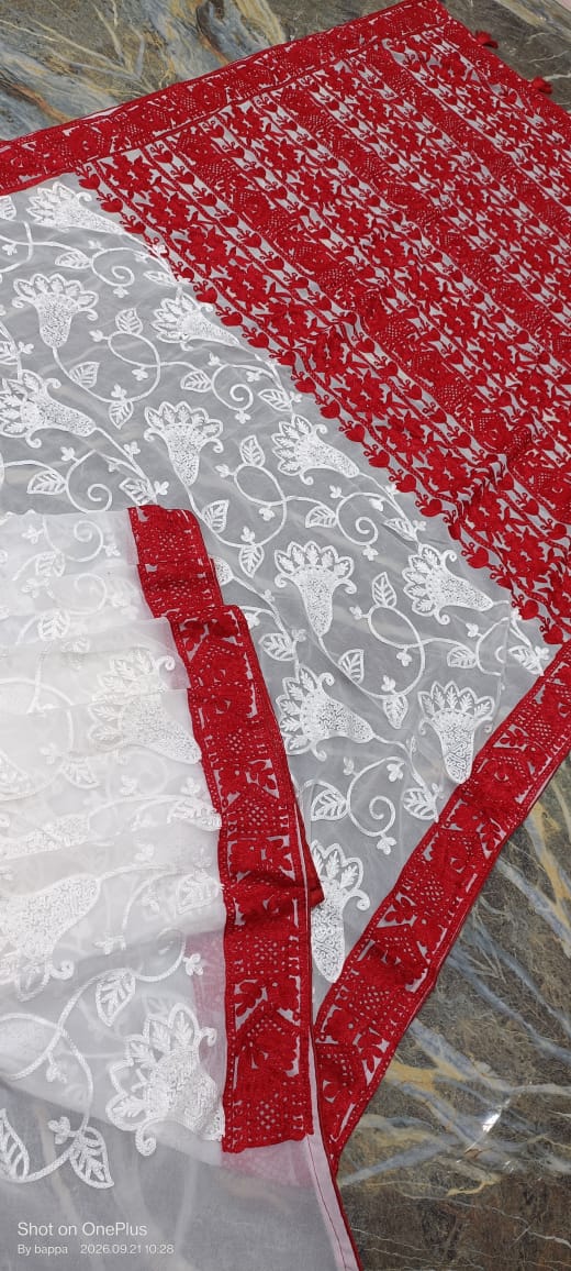 White & Red Pure Georgette Chikankari Handwork Saree | All-Over Floral Embroidery with Intricate Red Printed Border & Blouse Piece