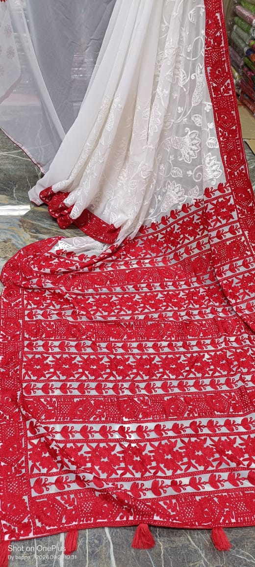 White & Red Pure Georgette Chikankari Handwork Saree | All-Over Floral Embroidery with Intricate Red Printed Border & Blouse Piece