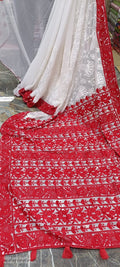 White & Red Pure Georgette Chikankari Handwork Saree | All-Over Floral Embroidery with Intricate Red Printed Border & Blouse Piece