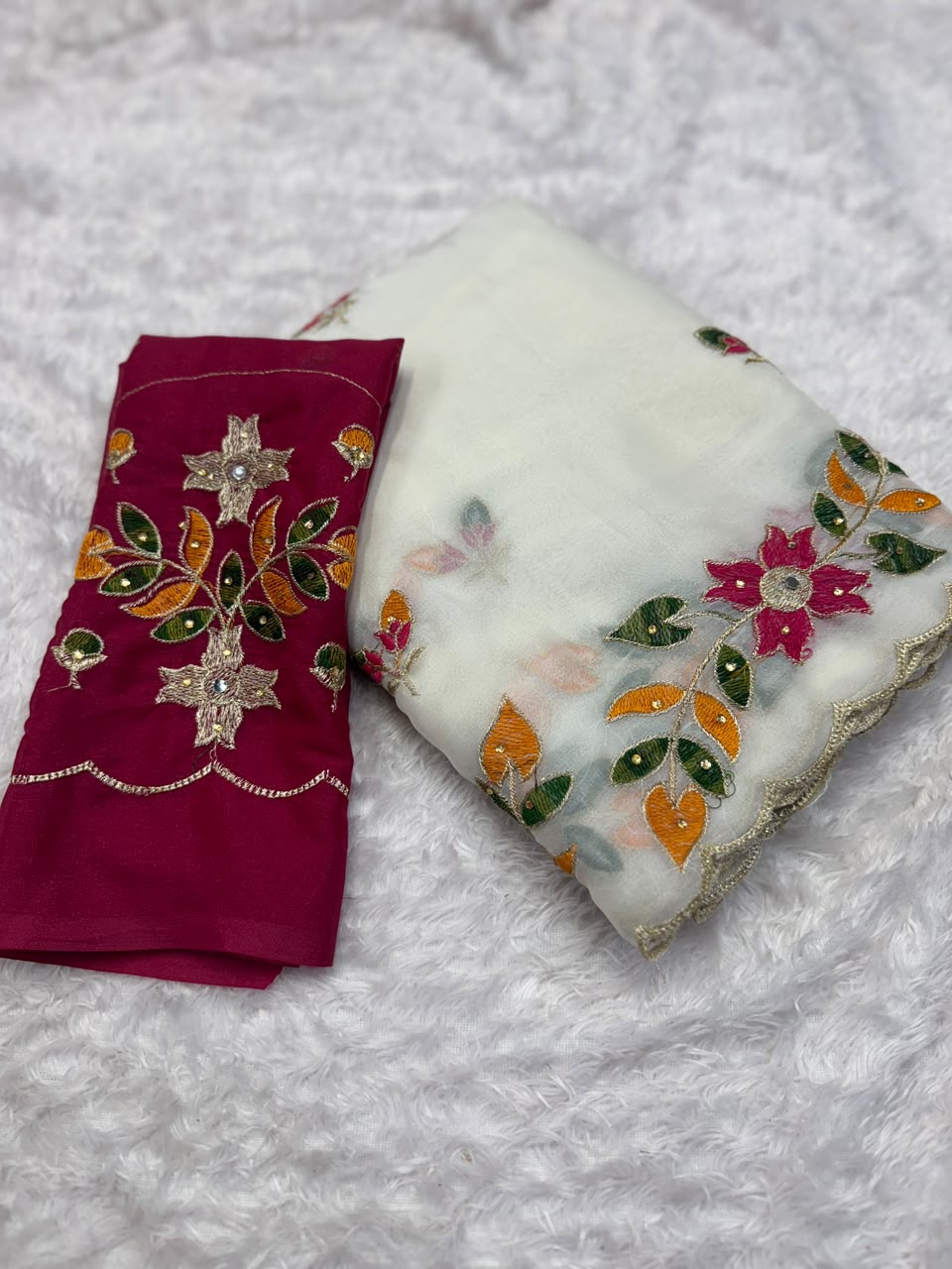 Lightweight Pure Chinon Silk Hand-Embroidered Kardana Bridal Party Wear Saree with Matching Blouse