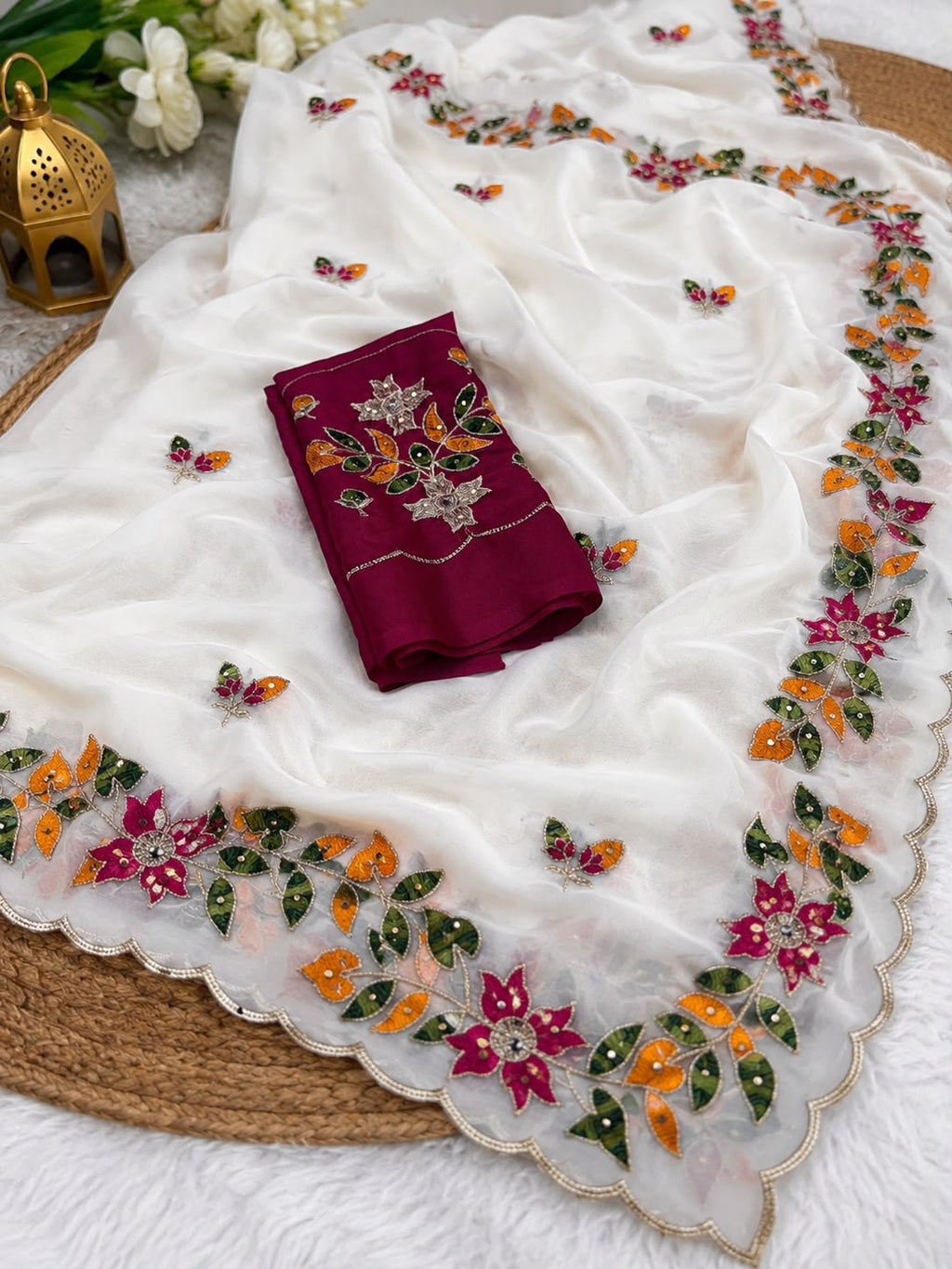 Lightweight Pure Chinon Silk Hand-Embroidered Kardana Bridal Party Wear Saree with Matching Blouse