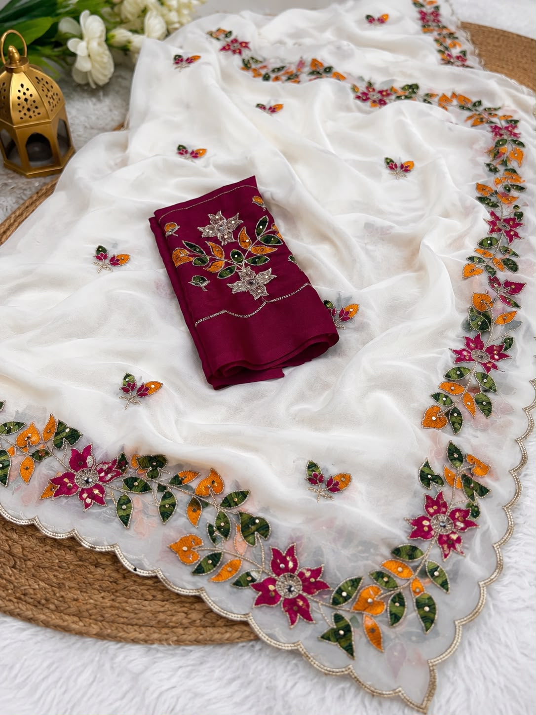Lightweight Pure Chinon Silk Hand-Embroidered Kardana Bridal Party Wear Saree with Matching Blouse