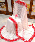 White & Red Pure Georgette Chikankari Handwork Saree | All-Over Floral Embroidery with Designer Red Border & Blouse Piece