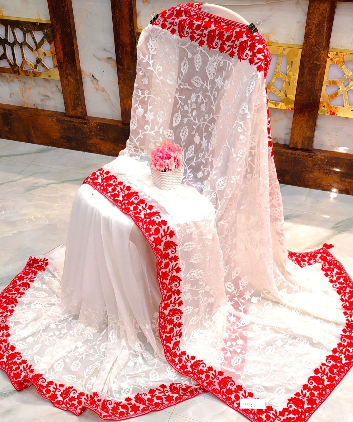 White & Red Pure Georgette Chikankari Handwork Saree | All-Over Floral Embroidery with Designer Red Border & Blouse Piece