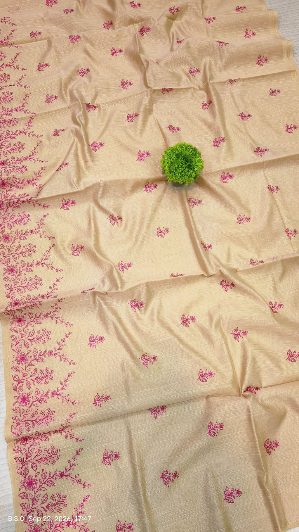 Premium Beige-Gold Matka Slub Silk Saree with Pink Floral All-Over Handwork & Designer Border