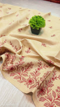 Premium Beige Matka Slub Silk Saree with Maroon Floral Handwork & Intricate Designer Border