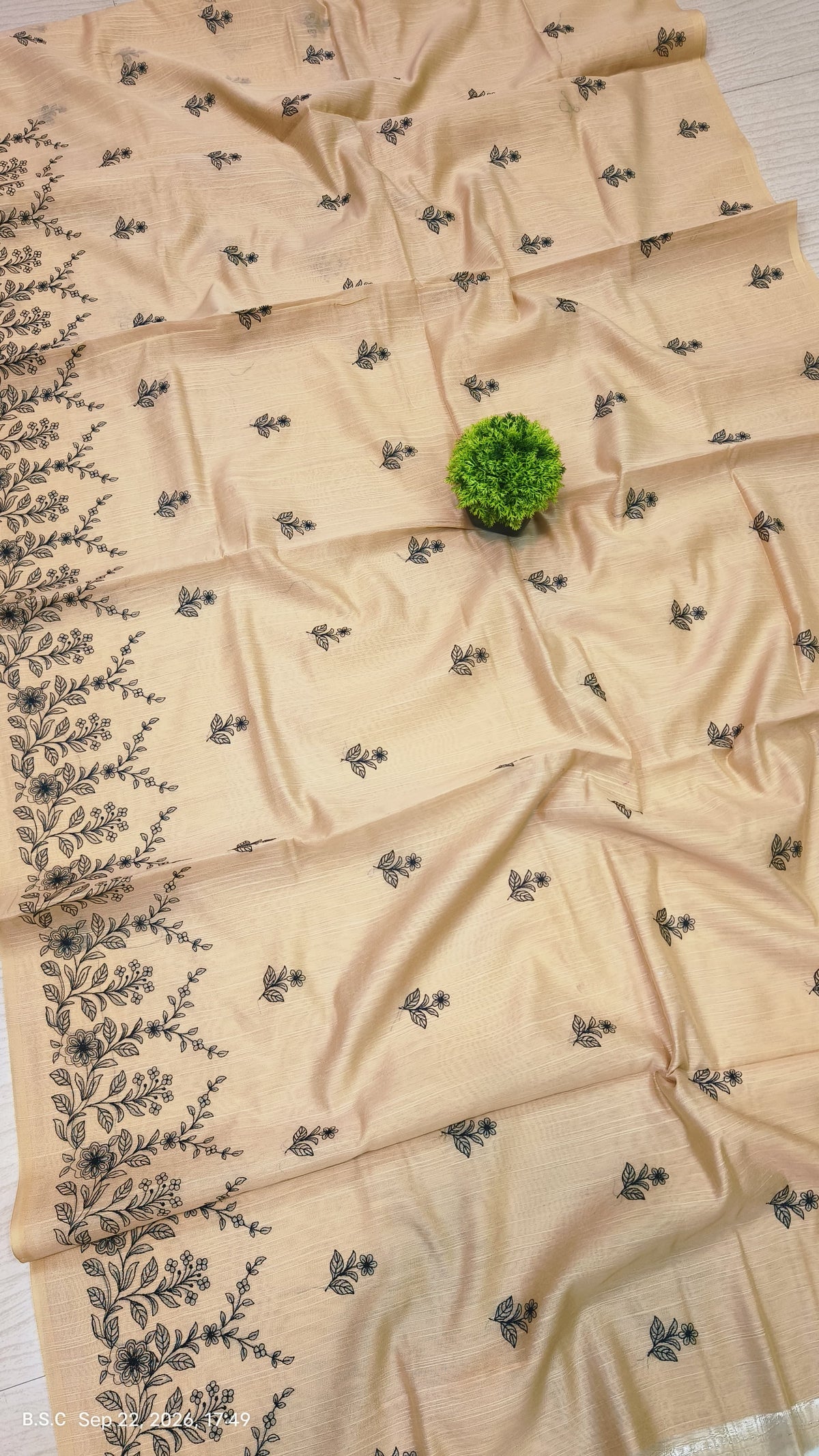 Premium Beige-Gold Matka Slub Silk Saree with Black Floral Handwork & Intricate Designer Border