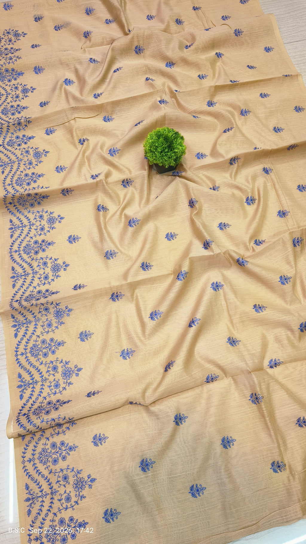 Premium Beige-Gold Matka Slub Silk Saree with Royal Blue Floral Handwork & Intricate Designer Border