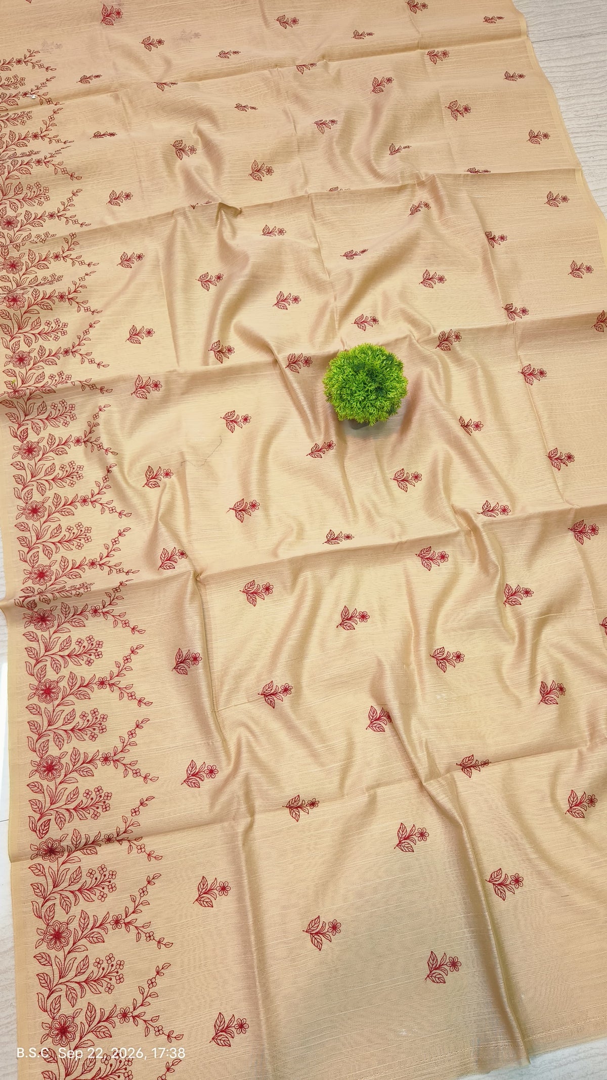 Premium Beige Matka Slub Silk Saree with Maroon Floral Handwork & Intricate Designer Border
