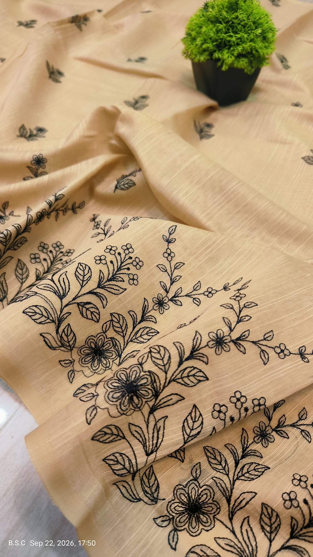 Premium Beige-Gold Matka Slub Silk Saree with Black Floral Handwork & Intricate Designer Border