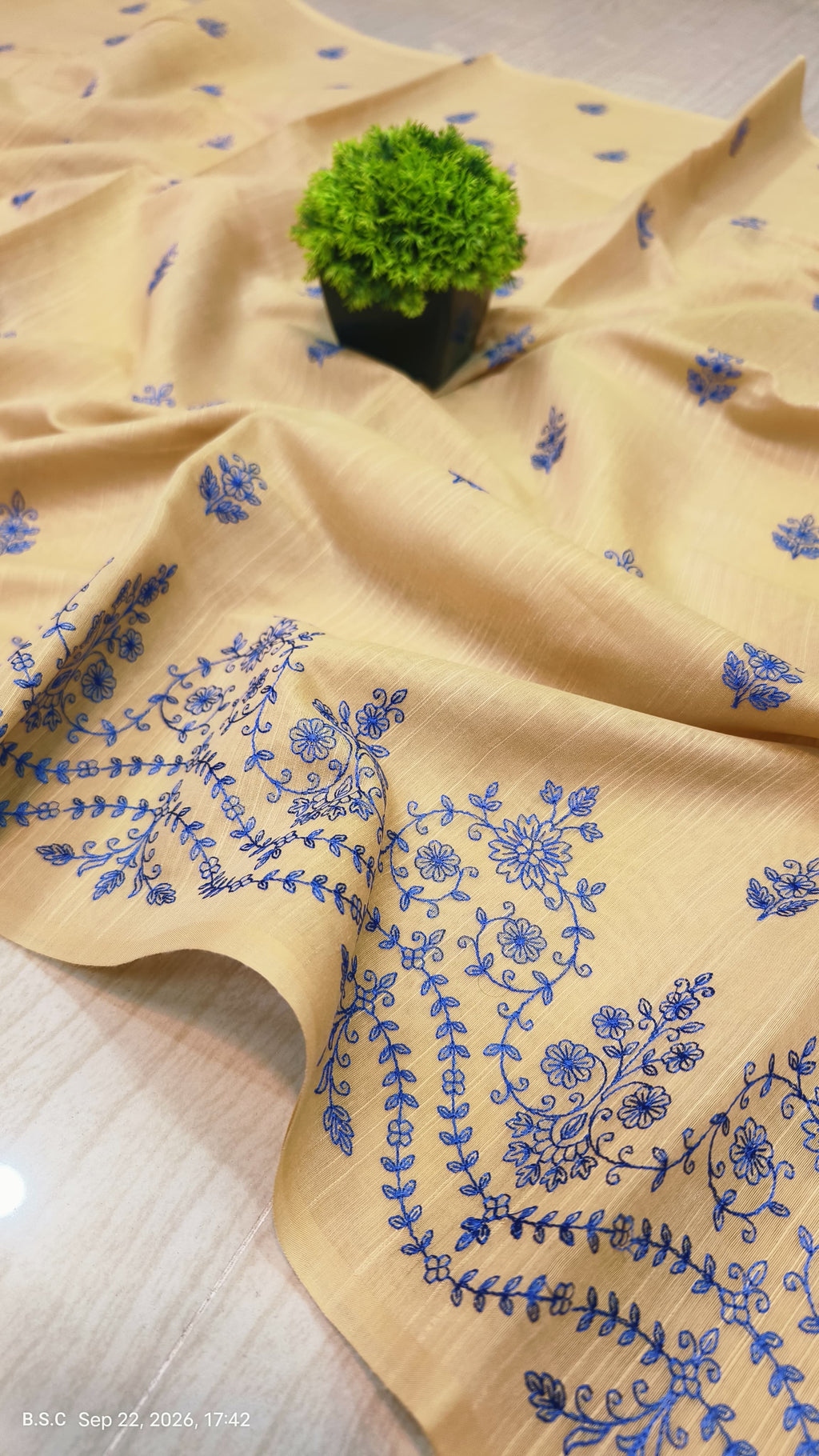 Premium Beige-Gold Matka Slub Silk Saree with Royal Blue Floral Handwork & Intricate Designer Border