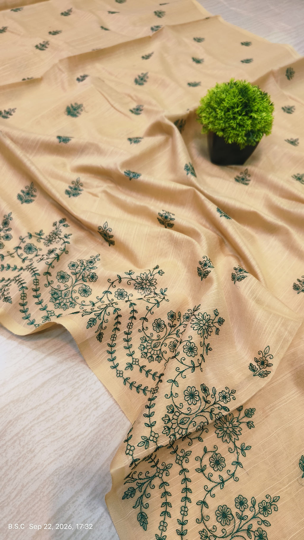 Premium Beige-Gold Matka Slub Silk Saree with Teal Green Floral Handwork & Intricate Botanical Border