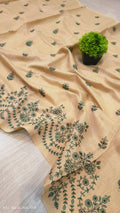 Premium Beige-Gold Matka Slub Silk Saree with Teal Green Floral Handwork & Intricate Botanical Border