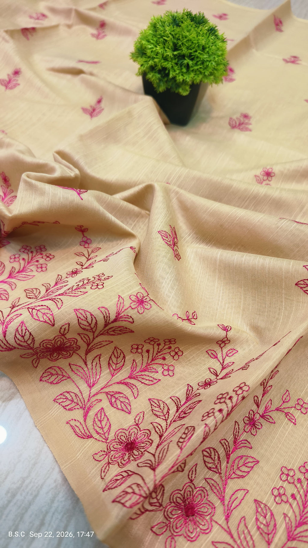 Premium Beige-Gold Matka Slub Silk Saree with Pink Floral All-Over Handwork & Designer Border