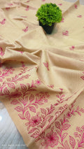 Premium Beige-Gold Matka Slub Silk Saree with Pink Floral All-Over Handwork & Designer Border