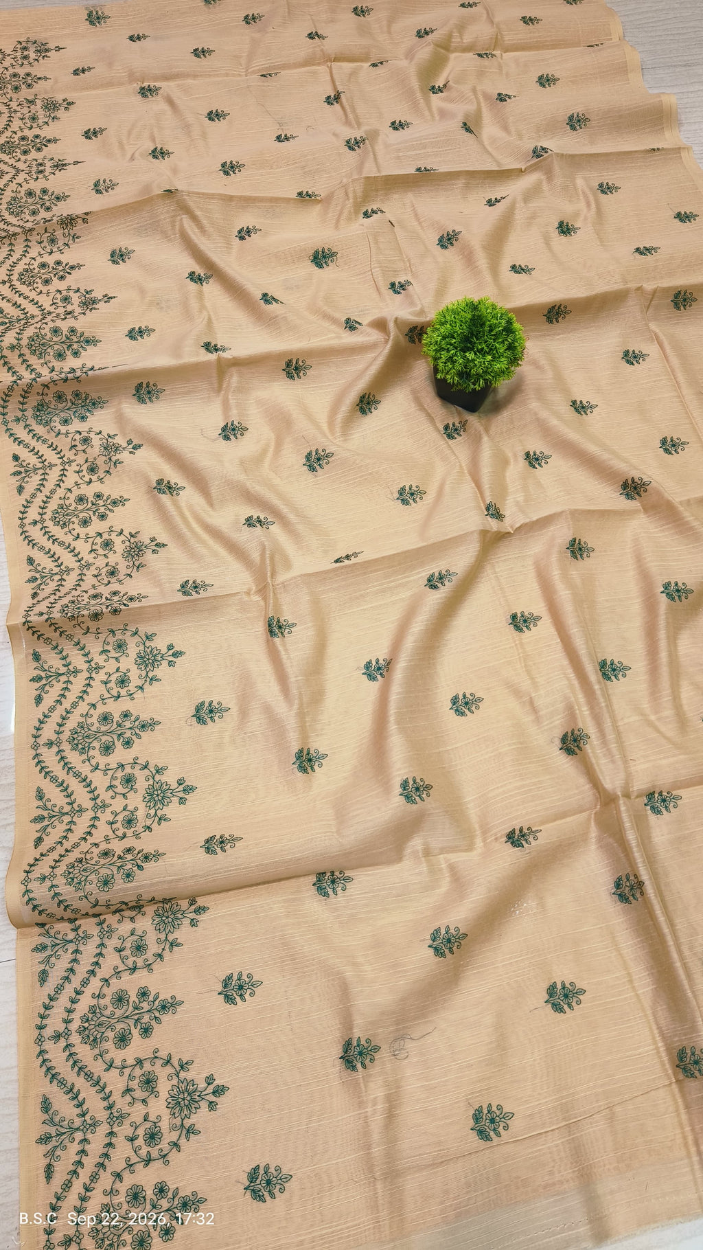 Premium Beige-Gold Matka Slub Silk Saree with Teal Green Floral Handwork & Intricate Botanical Border