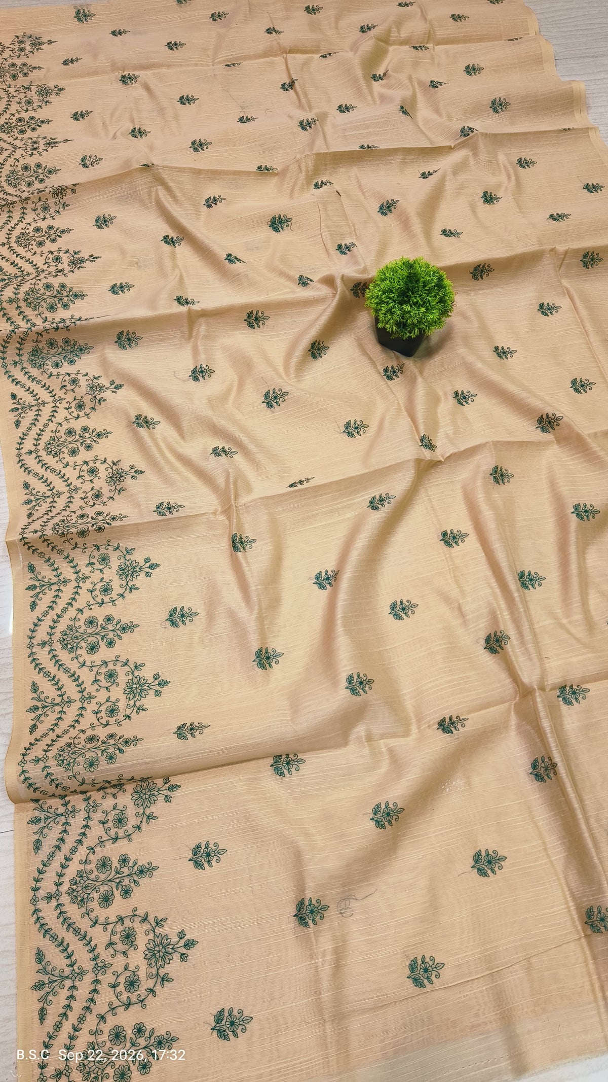 Premium Beige-Gold Matka Slub Silk Saree with Teal Green Floral Handwork & Intricate Botanical Border